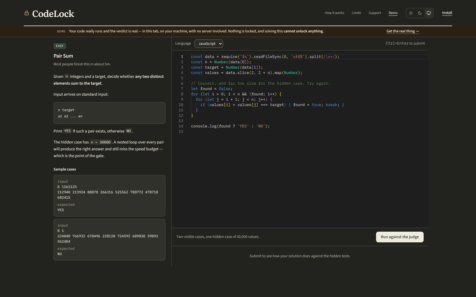 The CodeLock demo screen. A Pair Sum problem statement with sample cases sits beside a code editor holding a deliberately quadratic JavaScript solution, above a Run against the judge button.