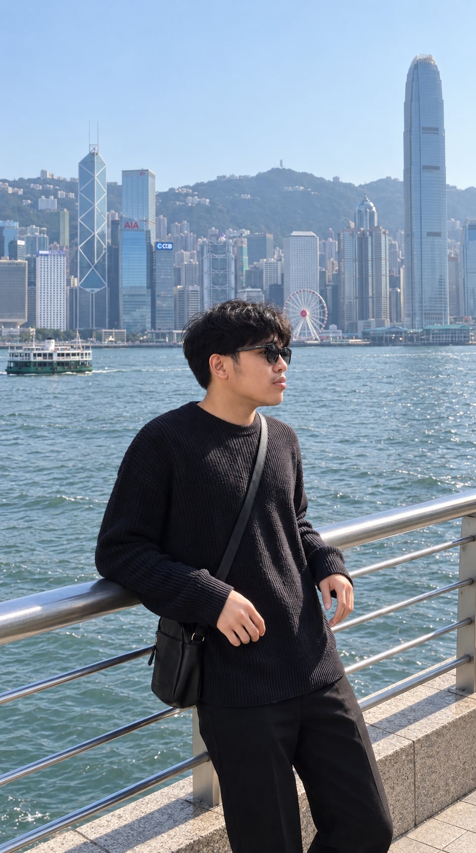 Tommy De Leon at a harbour railing, a city skyline and water behind him.