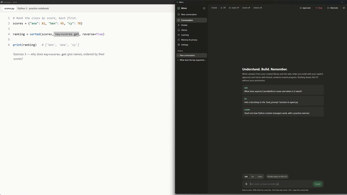 Mimir's window open beside a practice notebook, with one line of Python selected.